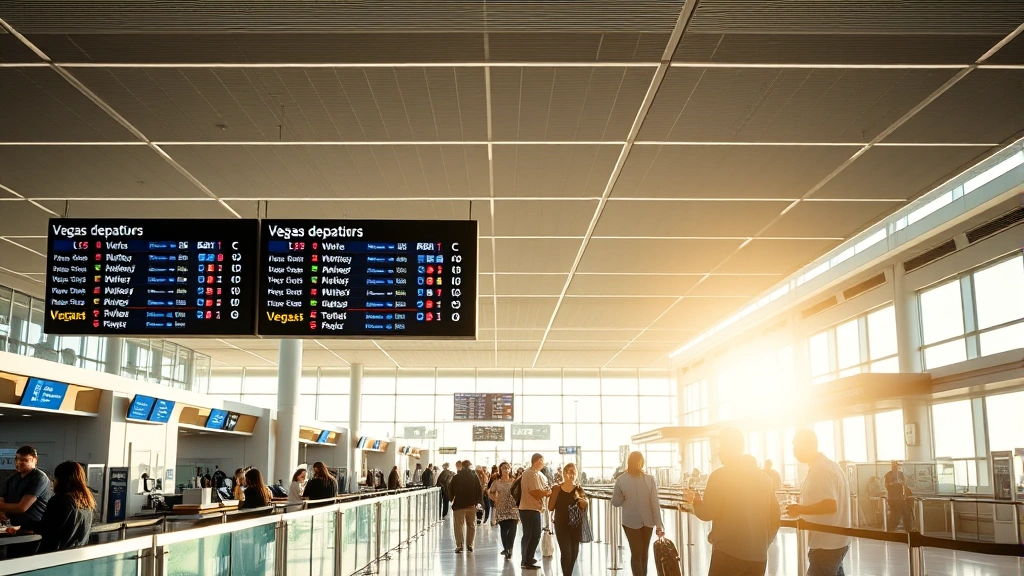 Interior of modern airport terminal with travelers at ticket counters, digital flight information displays showing Vegas departures, bright natural lighting, bustling travel scene