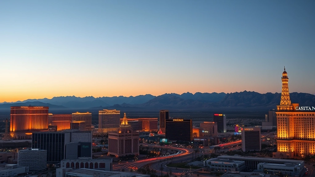 Las Vegas Strip skyline at dusk with iconic hotels and casinos illuminated, mountains in distance, warm evening lighting, desert landscape, photorealistic destination photography