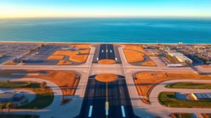 Aerial view of San Diego International Airport runway with palm trees and blue Pacific Ocean visible in background, golden hour lighting, clear sky