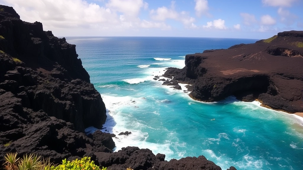 Majestic Hawaiian volcanic coastline with turquoise waves crashing against black lava rock cliffs, white sand beach visible, tropical vegetation, sunny day