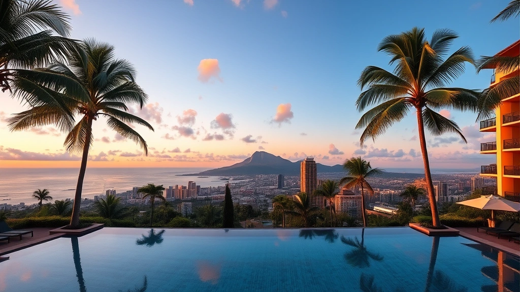 Luxury resort pool overlooking Honolulu cityscape and Diamond Head crater in distance, palm trees framing the scene, sunset colors reflecting on water, vacation atmosphere