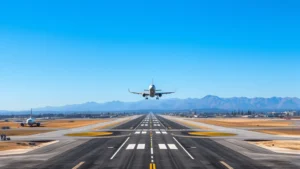 Aerial view of San Diego International Airport runway with aircraft taking off toward mountains, clear blue sky, photorealistic, daytime lighting