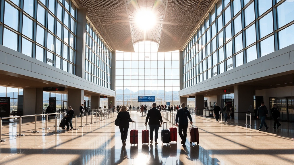 Denver International Airport terminal interior with modern architecture, travelers walking with luggage, mountain landscape visible through windows, bright natural lighting