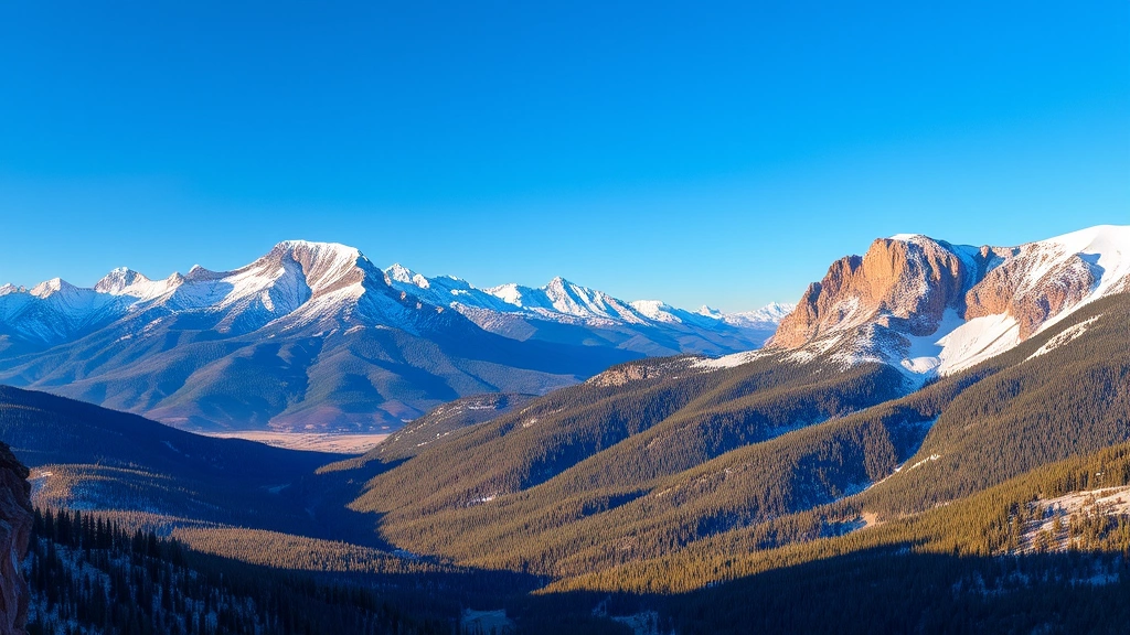 Rocky Mountains landscape near Denver with snow-capped peaks, forest valleys, clear blue sky, scenic overlook perspective, golden hour lighting