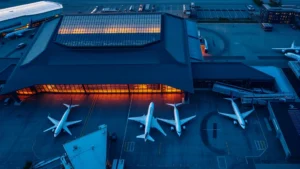 Aerial view of Seattle-Tacoma International Airport terminal with aircraft parked at gates, modern architecture, daytime, golden hour lighting reflecting off windows