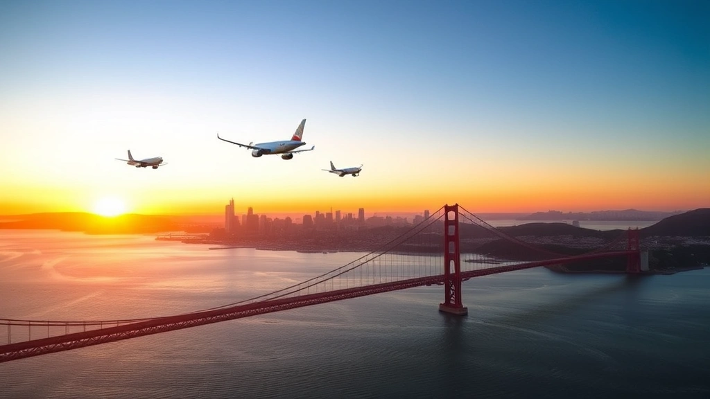 Aerial view of San Francisco Bay with Golden Gate Bridge and downtown skyline at sunset, commercial airliners in flight path above the water, golden hour lighting, photorealistic