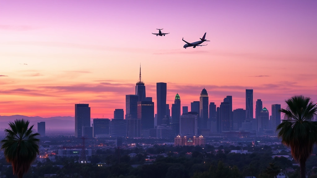 Los Angeles skyline at dusk with downtown skyscrapers, palm trees in foreground, purple and orange sunset sky, approaching aircraft visible above city lights, photorealistic