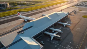 Aerial view of Syracuse Hancock International Airport terminal with morning sunlight, gates visible, modern architecture reflecting upstate New York landscape in background