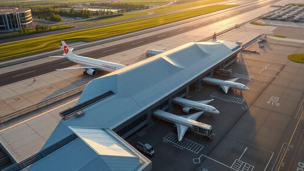 Aerial view of Syracuse Hancock International Airport terminal with morning sunlight, gates visible, modern architecture reflecting upstate New York landscape in background