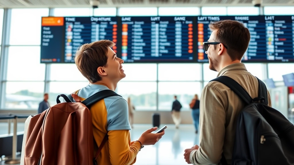 Young couple checking flight times on departure board at airport terminal, natural lighting, excited expressions, travel bags nearby, showing diverse representation of modern travelers