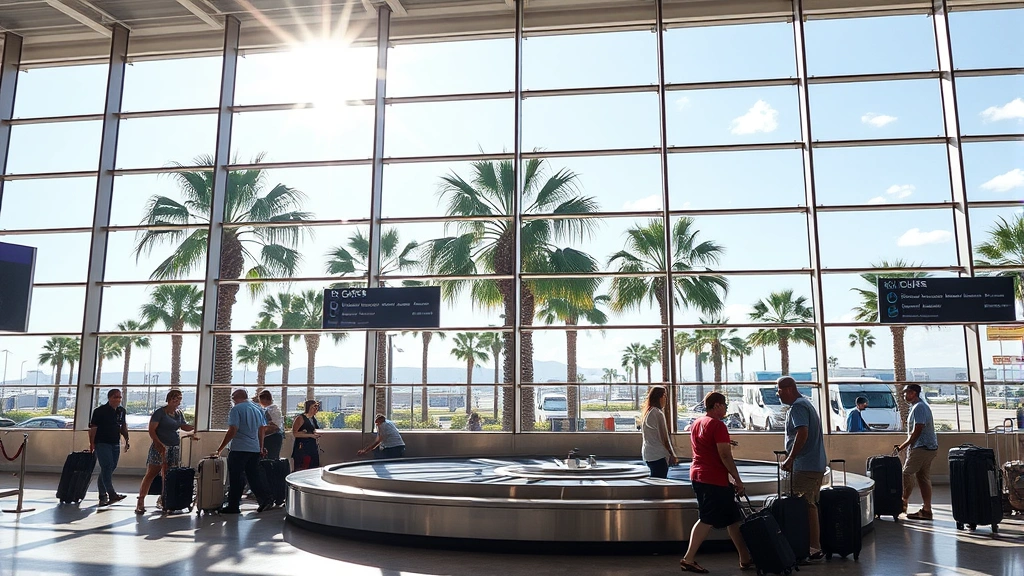 Orlando International Airport baggage claim area with carousel, travelers retrieving luggage, tropical Florida sunshine streaming through large windows, palm trees visible outside