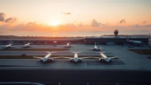 Aerial view of Tampa International Airport tarmac at sunrise with commercial jets lined up, modern terminal building visible, Florida coastline in distance, golden morning light, photorealistic high resolution