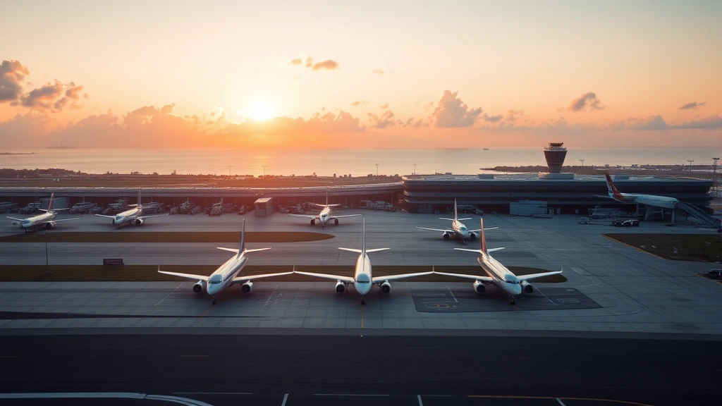 Aerial view of Tampa International Airport tarmac at sunrise with commercial jets lined up, modern terminal building visible, Florida coastline in distance, golden morning light, photorealistic high resolution