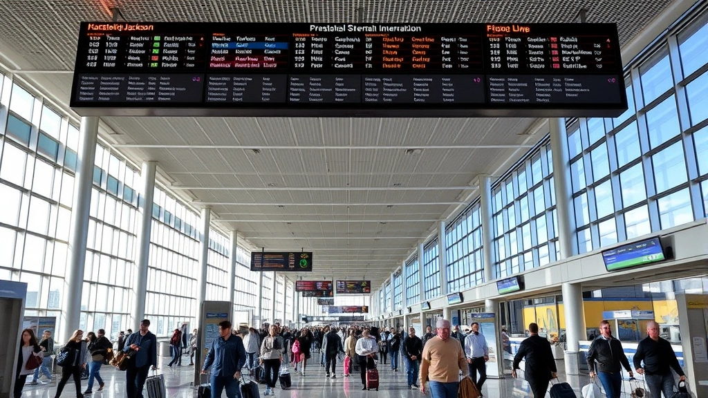 Hartsfield-Jackson Atlanta International Airport modern interior terminal concourse, busy travelers walking with luggage, flight information displays overhead, natural light from large windows, contemporary architecture, bustling atmosphere