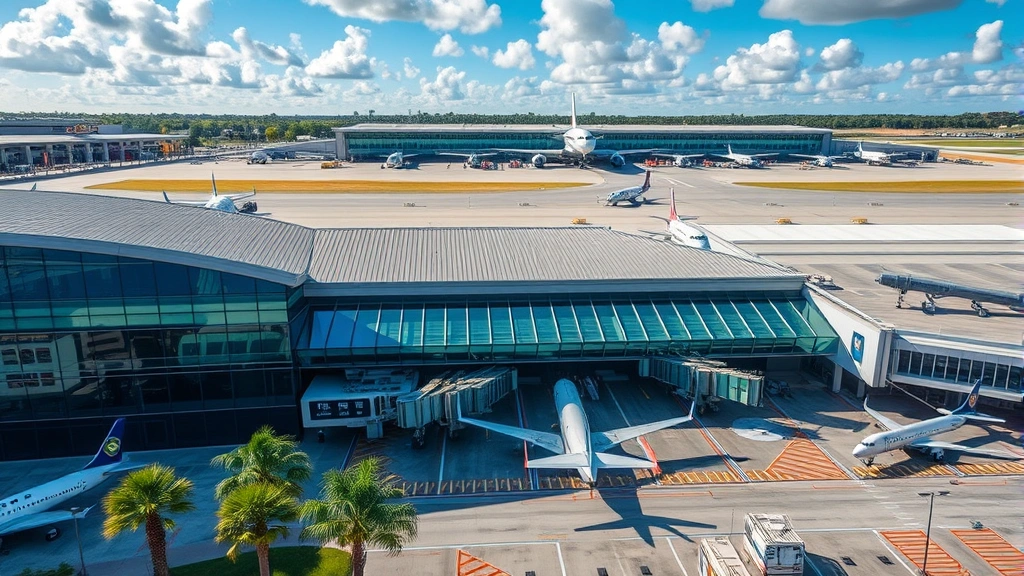 Aerial view of Tampa International Airport terminal with aircraft parked at gates, sunny Florida day with palm trees visible, modern glass and steel architecture