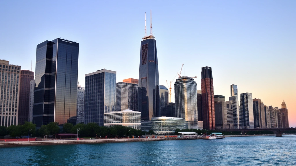 Chicago skyline featuring Willis Tower and Lake Michigan waterfront, downtown cityscape with architectural detail, golden hour lighting reflecting off glass buildings