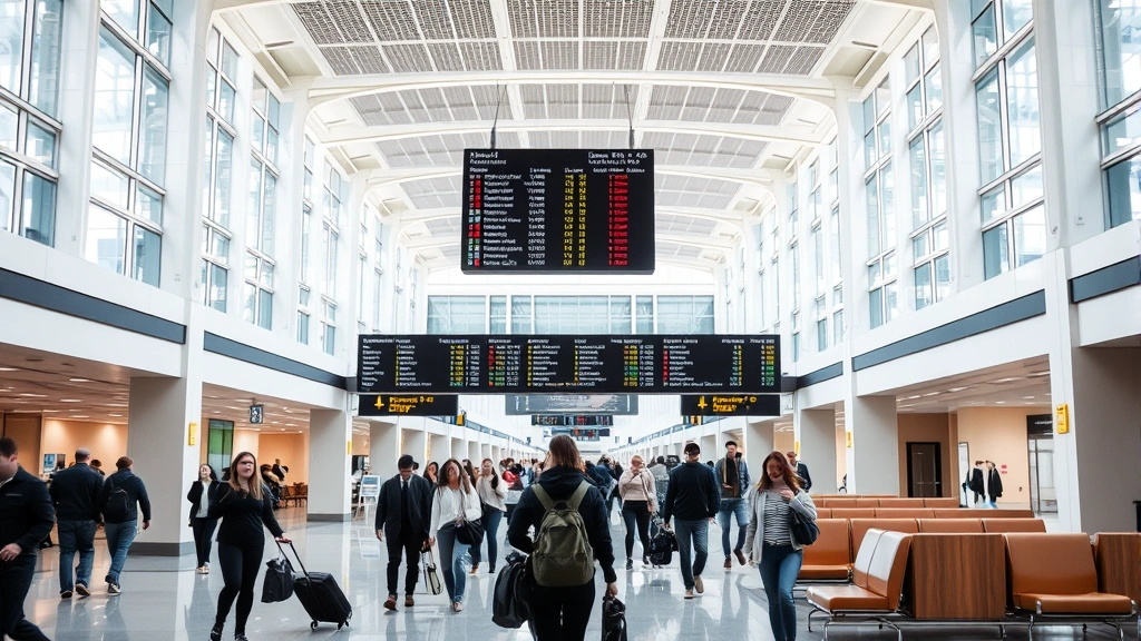 Interior of modern airport terminal with travelers walking through departure hall, flight information displays overhead, contemporary design with natural lighting and seating areas