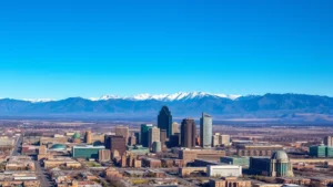 Aerial view of Denver skyline with Rocky Mountains in background, clear blue sky, snow-capped peaks visible, professional travel photography