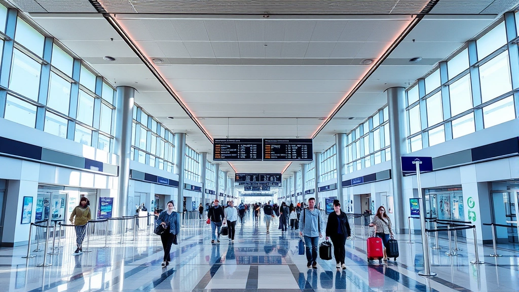 Tampa International Airport departure hall with travelers walking, modern architecture, bright natural lighting, bustling terminal atmosphere