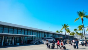 Tijuana International Airport terminal exterior with modern architecture, blue sky, palm trees in background, busy departure area with travelers and luggage