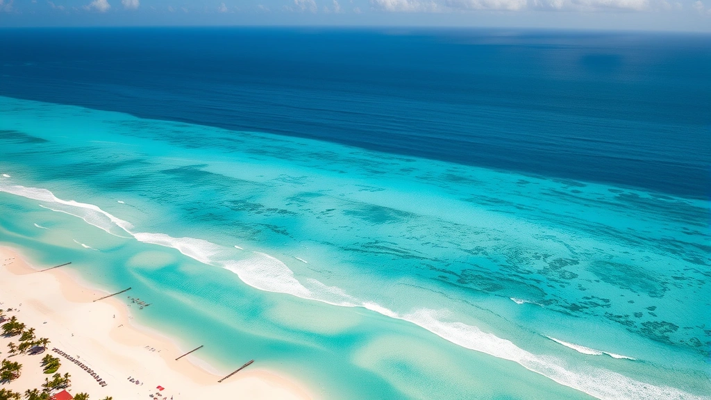 Aerial view of Cancun's turquoise Caribbean waters meeting white sand beaches, resort buildings dotting coastline, crystal clear tropical waters