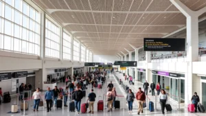 Tijuana International Airport terminal with modern architecture and natural light, bustling with travelers checking luggage and walking toward gates, vibrant Mexican atmosphere