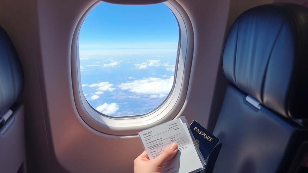 Airplane cabin interior during flight with window seat view showing clouds and landscape below, passenger holding boarding pass and passport, comfortable seating environment