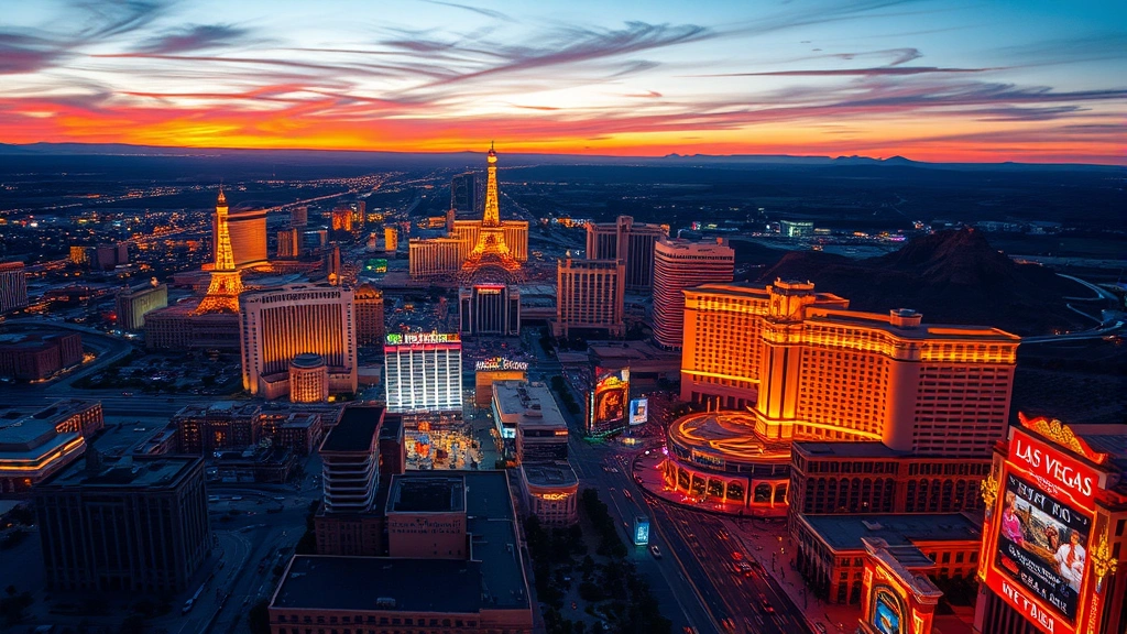 Aerial view of Las Vegas Strip at sunset with bright neon lights and surrounding desert landscape, photorealistic, vibrant colors, no text or signs