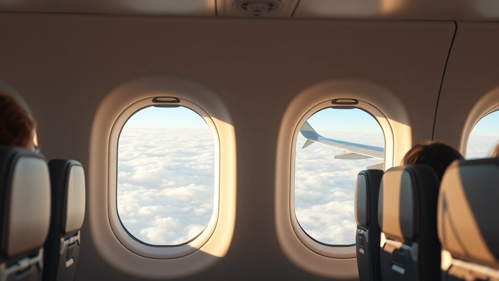 Commercial airplane cabin interior during flight with window showing clouds and wing, passengers seated, warm natural lighting, photorealistic