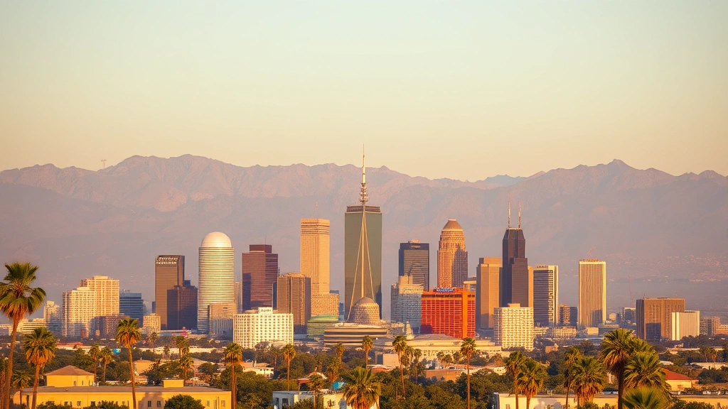 Los Angeles skyline with downtown buildings and palm trees during golden hour, mountain backdrop, photorealistic travel photography, no street signs or text