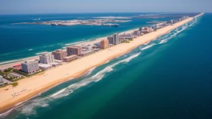 Aerial view of Virginia Beach oceanfront with golden sandy beach, blue Atlantic Ocean, naval ships in harbor, sunny day with clear skies, resort buildings lining the shore