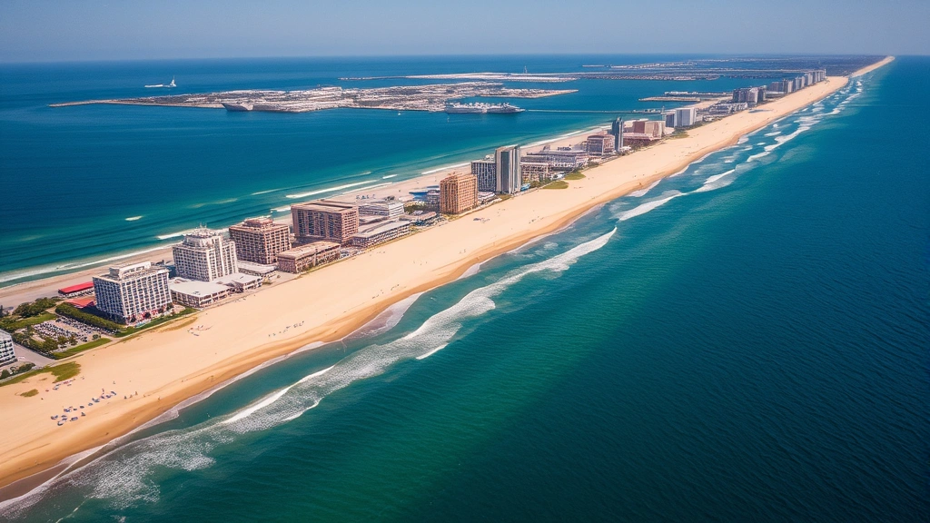 Aerial view of Virginia Beach oceanfront with golden sandy beach, blue Atlantic Ocean, naval ships in harbor, sunny day with clear skies, resort buildings lining the shore