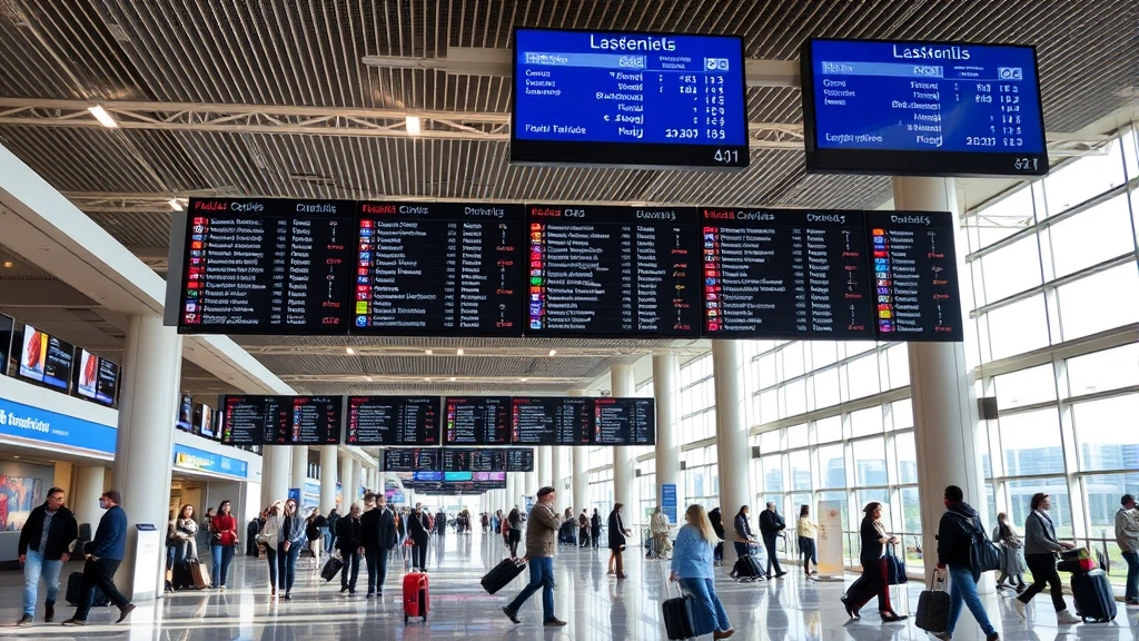 Interior of modern airport terminal with flight information displays, departure boards showing destinations, travelers with luggage, bright natural lighting from windows, busy but organized atmosphere