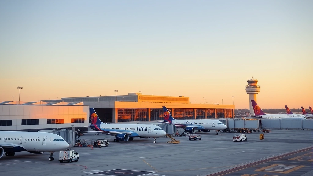 Norfolk International Airport exterior with commercial aircraft parked at gates, ground support vehicles, modern terminal building, clear weather, late afternoon golden hour lighting