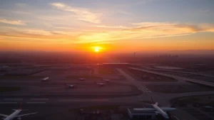 Aerial view of Los Angeles International Airport LAX during golden hour sunset with commercial aircraft on runways and taxiways, Southern California landscape visible below