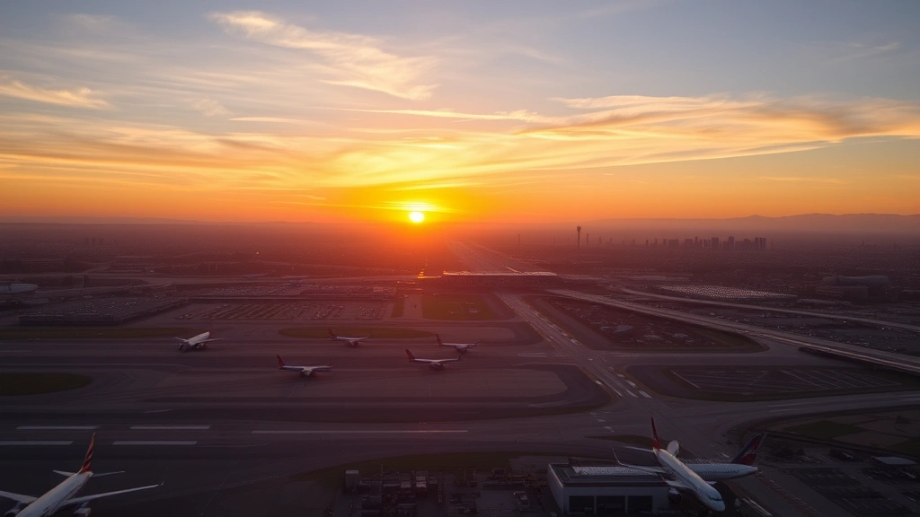 Aerial view of Los Angeles International Airport LAX during golden hour sunset with commercial aircraft on runways and taxiways, Southern California landscape visible below