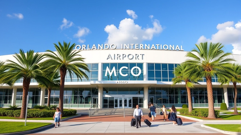 Orlando International Airport MCO terminal building exterior with modern architecture, palm trees, and blue Florida sky, travelers walking with luggage