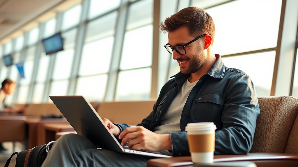 Traveler sitting in airport lounge checking flight prices on laptop with coffee cup nearby, natural window lighting, focused on budget travel planning