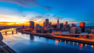 Aerial view of Nashville skyline with Cumberland River at sunset, vibrant city lights reflecting on water, warm golden hour lighting, no text or signage visible, photorealistic travel photography