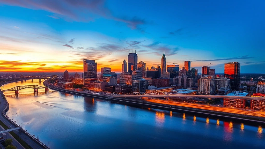 Aerial view of Nashville skyline with Cumberland River at sunset, vibrant city lights reflecting on water, warm golden hour lighting, no text or signage visible, photorealistic travel photography
