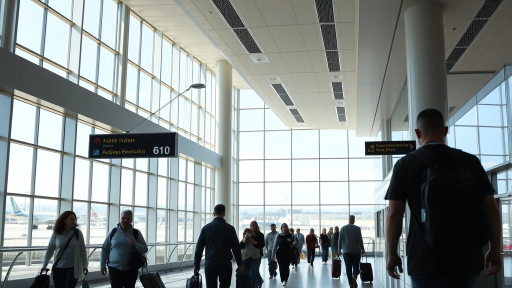 Modern airport terminal interior with travelers walking through bright corridors, large windows showing aircraft on tarmac, contemporary architecture, natural lighting, no visible signage or text readable