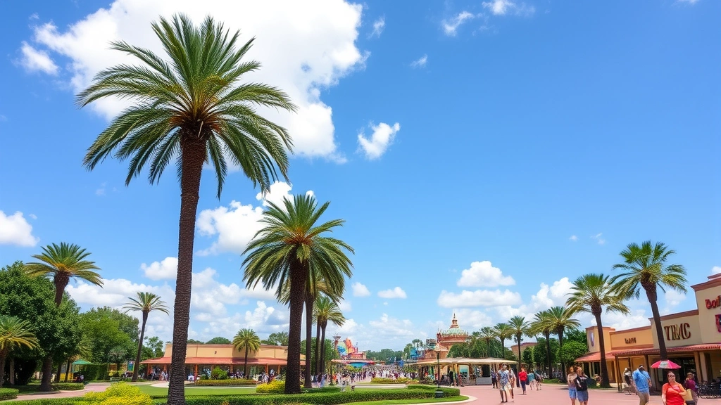 Orlando theme park landscape with palm trees and blue sky, colorful attractions in distance, tropical Florida scenery, families enjoying outdoor areas, bright daylight, no visible signs or text