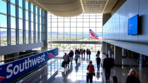 Phoenix Sky Harbor International Airport terminal interior with modern architecture, travelers walking through corridors with blue Southwest Airlines branding visible, natural sunlight streaming through windows, vibrant Arizona desert landscape visible through windows