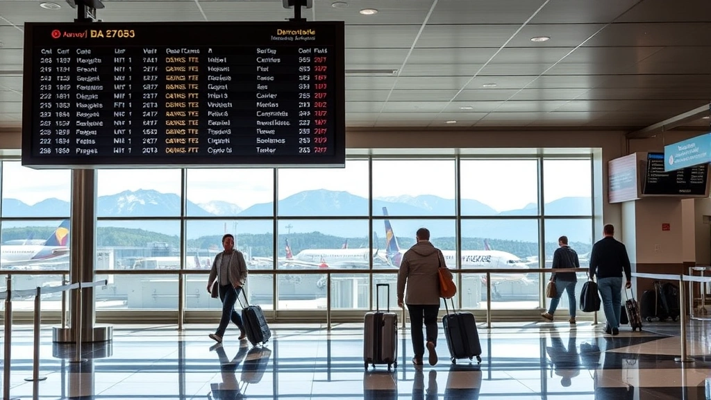 Denver International Airport departure board displaying flight information, travelers with luggage walking through contemporary terminal, mountain views visible through large windows, modern airport aesthetic with travelers checking in