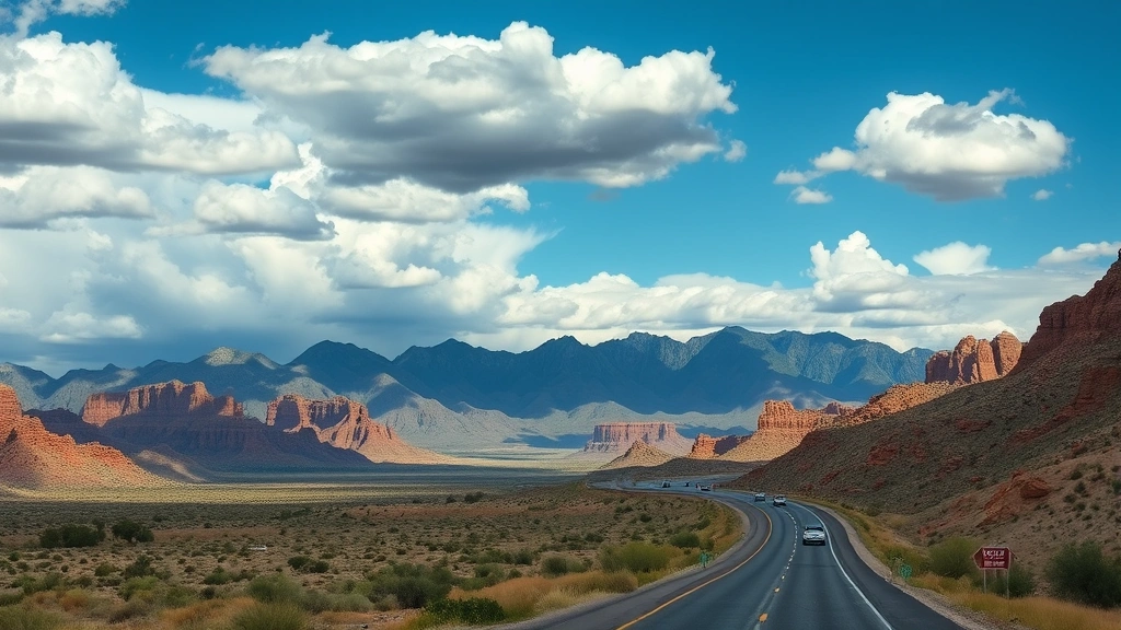 Mountain landscape between Phoenix and Denver showing desert transitioning to rocky terrain, scenic highway with vehicles traveling, dramatic sky with clouds over Colorado mountains, mid-day sunlight illuminating the terrain