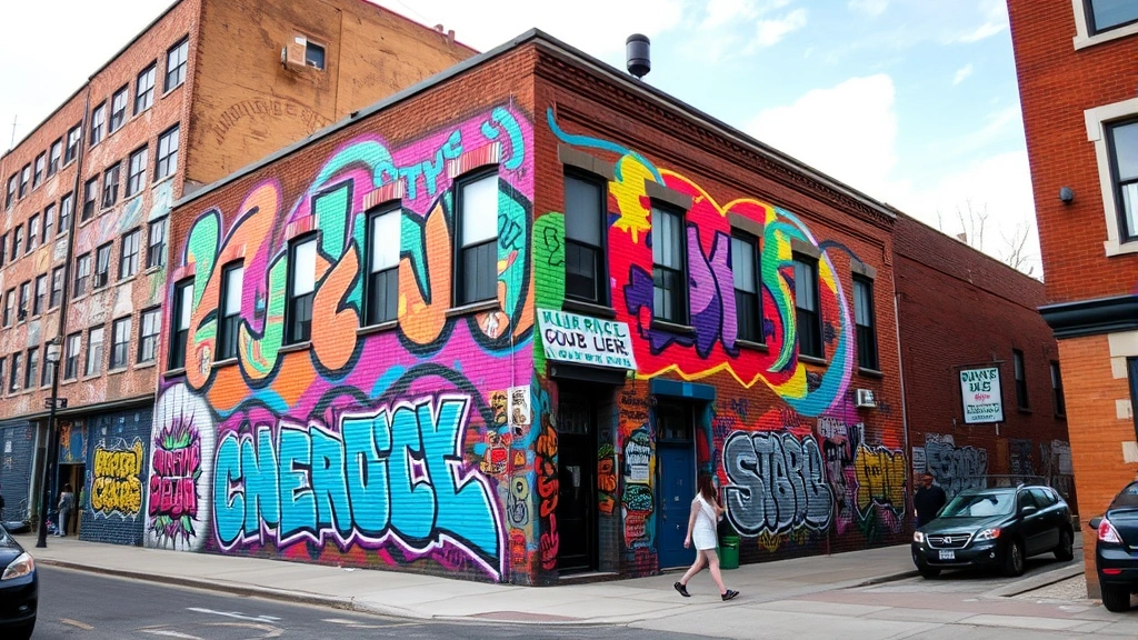 Vibrant street art mural in Lawrenceville Pittsburgh neighborhood, colorful graffiti on brick building, urban artistic culture, daylight scene, pedestrians walking nearby