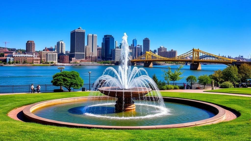 Pittsburgh Point State Park fountain with city skyline backdrop, green grass, blue sky, Roberto Clemente Bridge visible, scenic riverside viewpoint, tourist destination