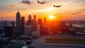 Aerial view of Atlanta skyline at sunset with Hartsfield-Jackson airport tarmac visible, modern skyscrapers reflecting golden light, dynamic urban landscape with airplane landing