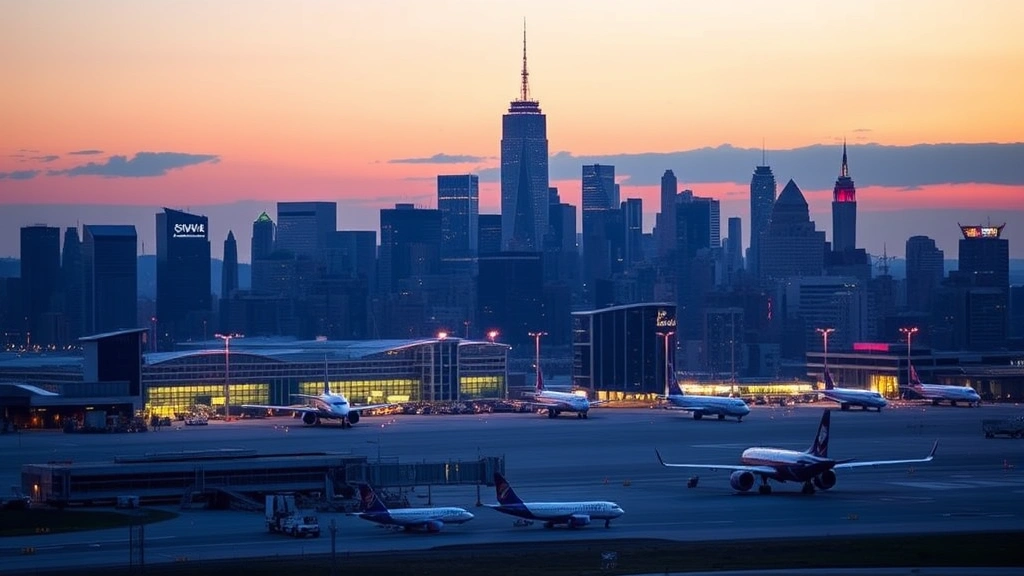 New York City skyline at dusk with LaGuardia airport in foreground, busy tarmac with multiple aircraft, modern terminals and runway lights, urban travel hub atmosphere