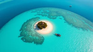 Turquoise crystal-clear water surrounding a small tropical island with white sand beach and colorful wooden boats anchored offshore, bright sunny day, aerial perspective showing the Caribbean's pristine beauty and Bimini's island paradise appeal